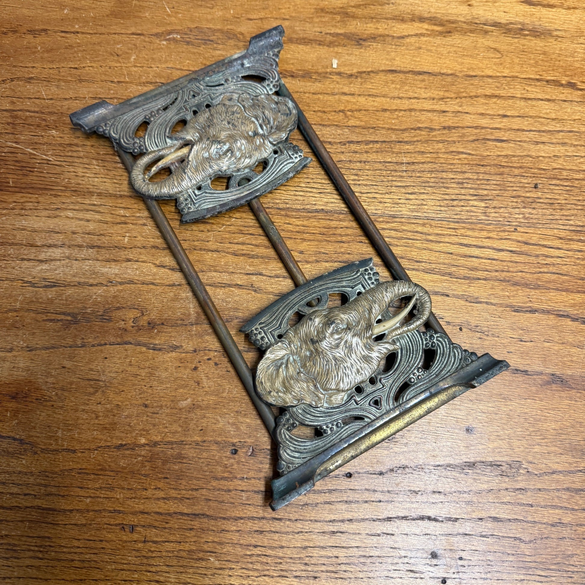Antique Art Nouveau Elephant Bookend Book Rack Expandable Cast Iron & Brass