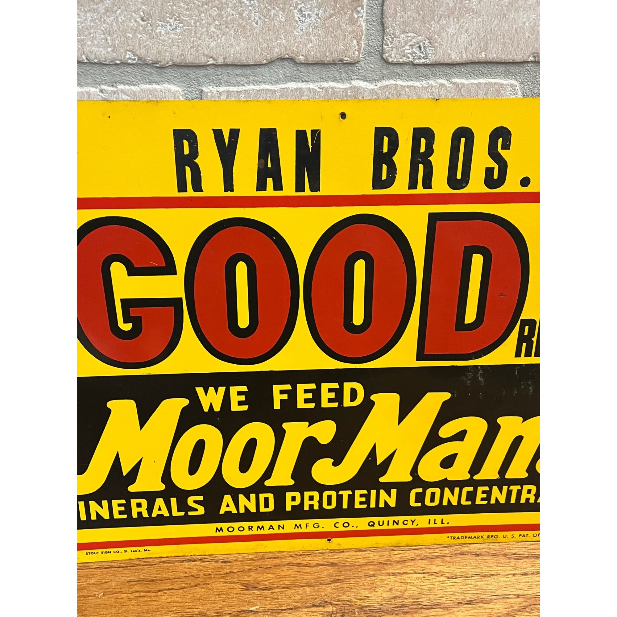 Vintage Moorman's Feed Farm Advertising Tin Sign Mineral Proteins 20" by 14"