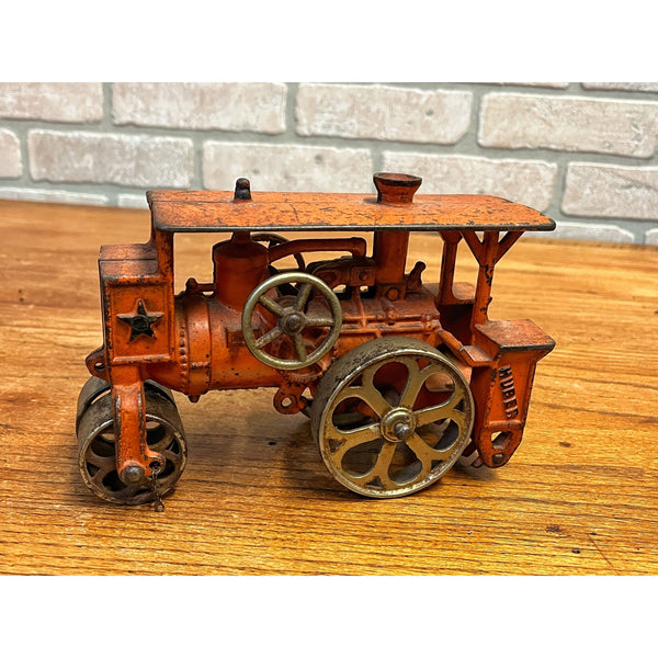 Antique 1930s Hubley Road Roller Steam Engine #735 Cast Iron Toy Orange