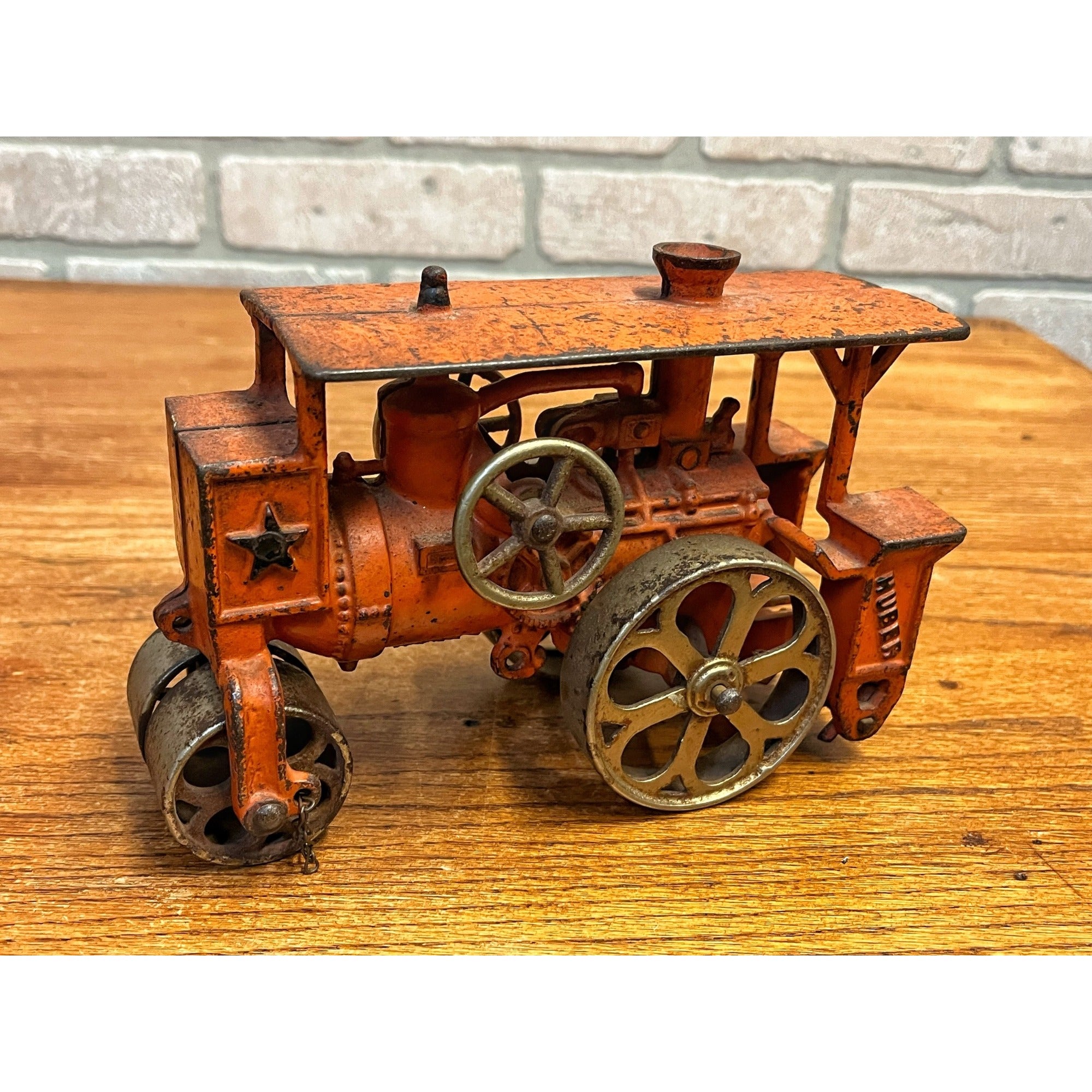 Antique 1930s Hubley Road Roller Steam Engine #735 Cast Iron Toy Orange