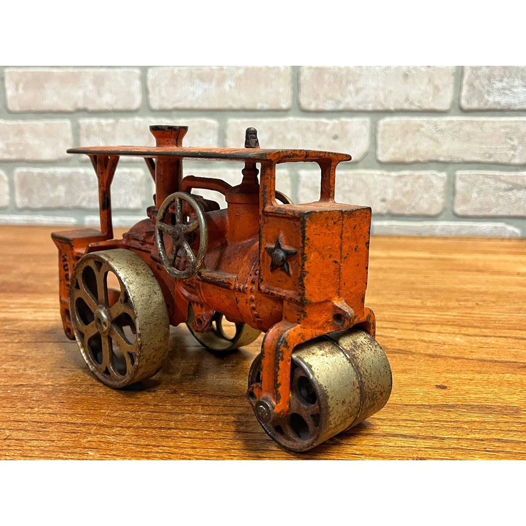 Antique 1930s Hubley Road Roller Steam Engine #735 Cast Iron Toy Orange