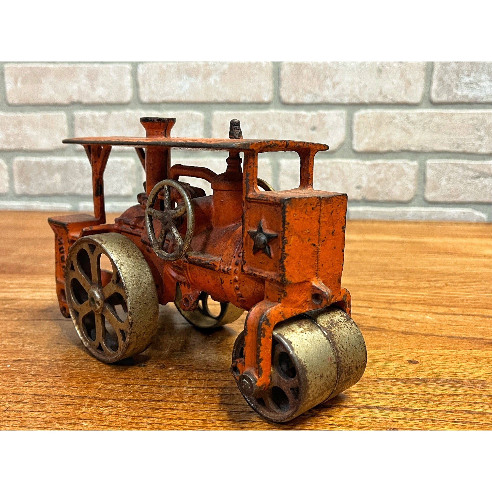 Antique 1930s Hubley Road Roller Steam Engine #735 Cast Iron Toy Orange