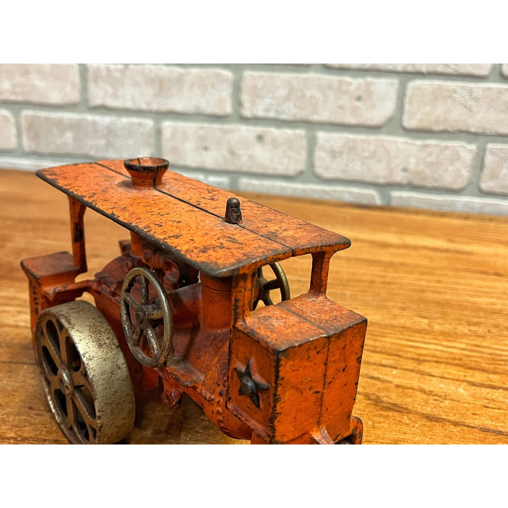 Antique 1930s Hubley Road Roller Steam Engine #735 Cast Iron Toy Orange