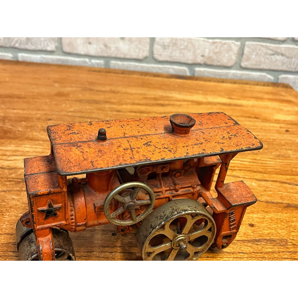 Antique 1930s Hubley Road Roller Steam Engine #735 Cast Iron Toy Orange