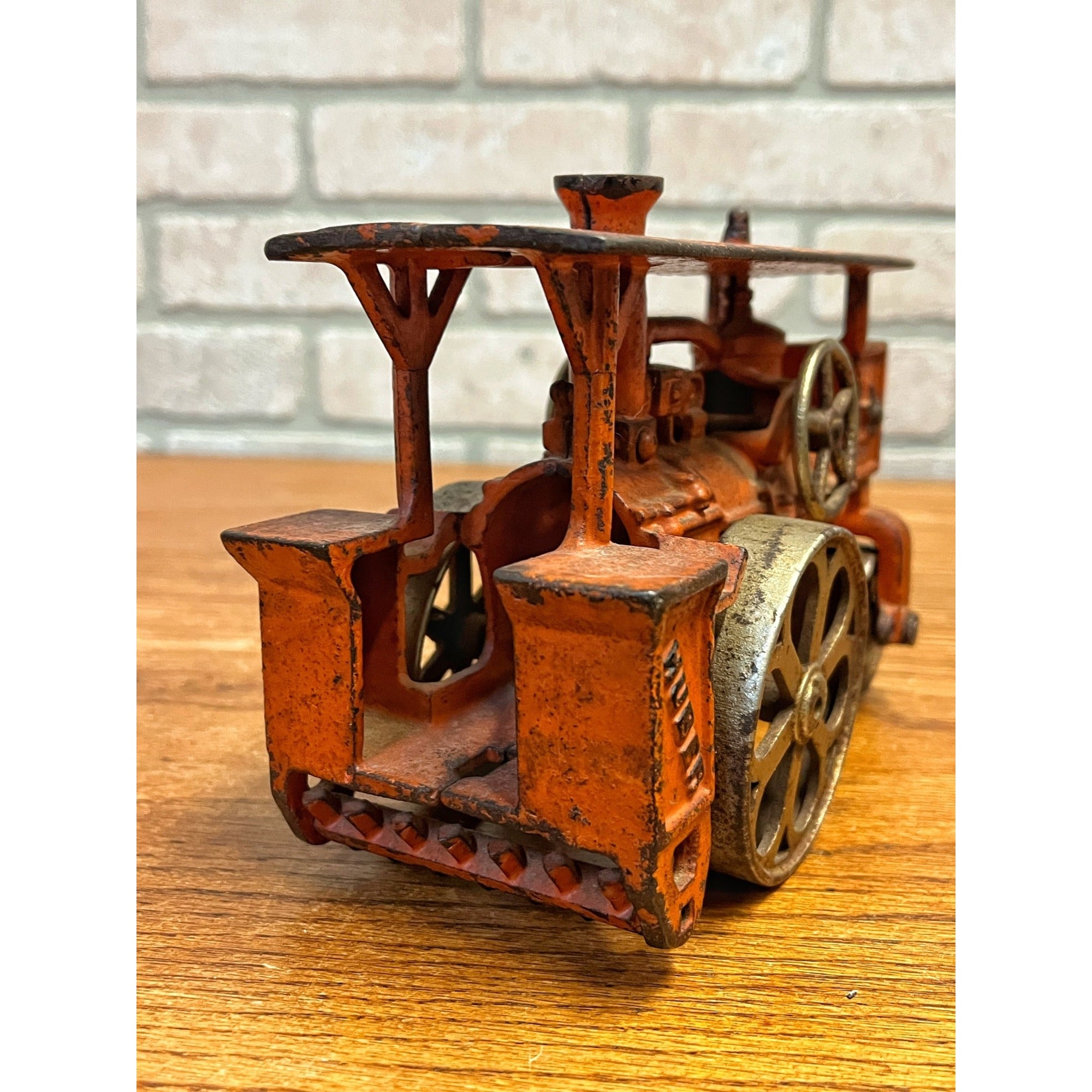 Antique 1930s Hubley Road Roller Steam Engine #735 Cast Iron Toy Orange