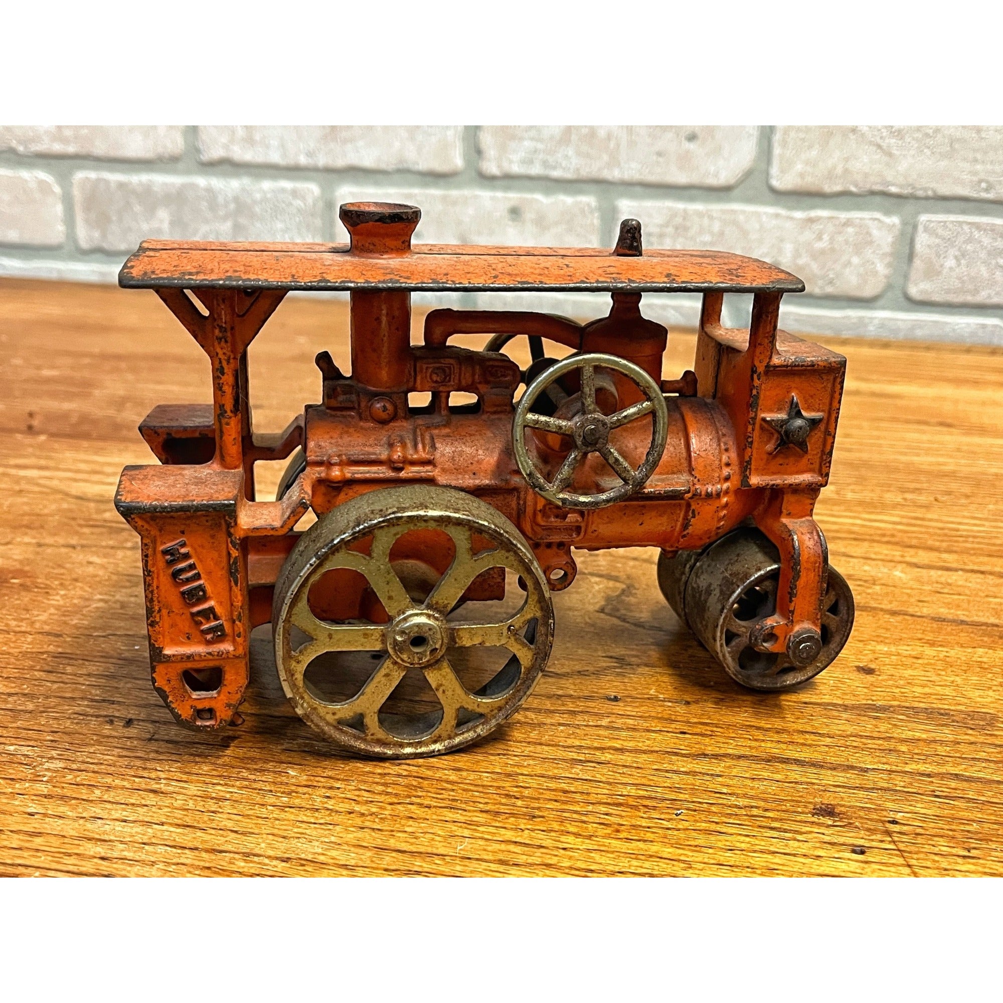 Antique 1930s Hubley Road Roller Steam Engine #735 Cast Iron Toy Orange