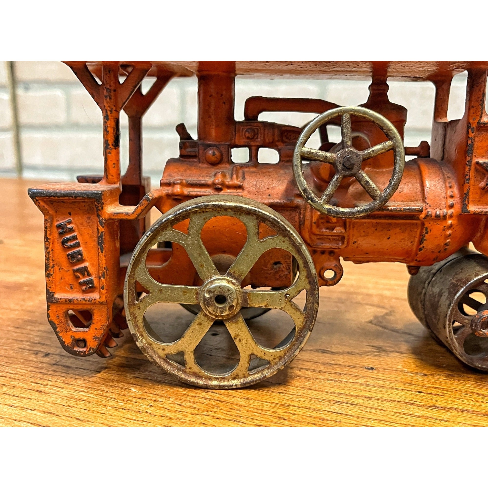 Antique 1930s Hubley Road Roller Steam Engine #735 Cast Iron Toy Orange
