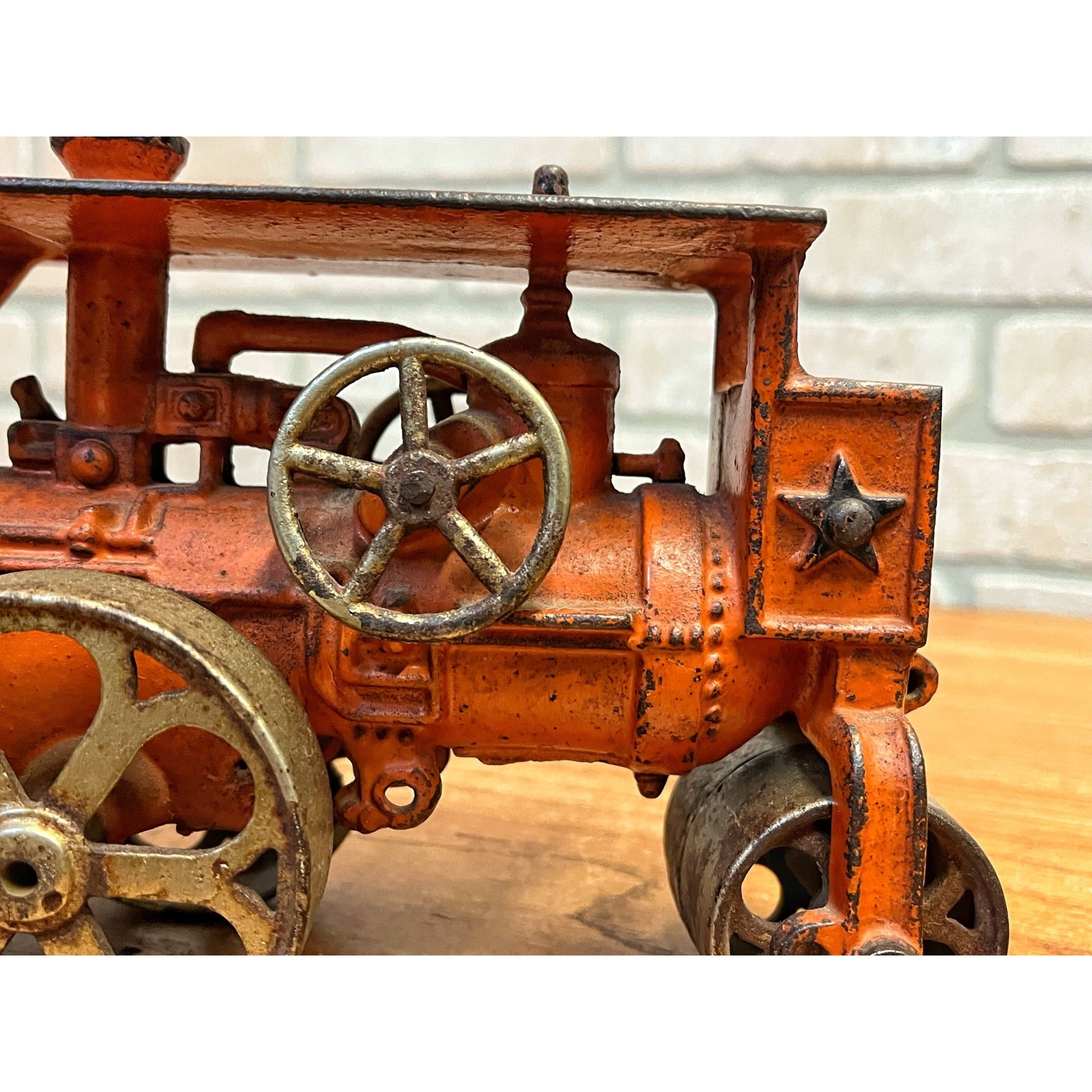 Antique 1930s Hubley Road Roller Steam Engine #735 Cast Iron Toy Orange