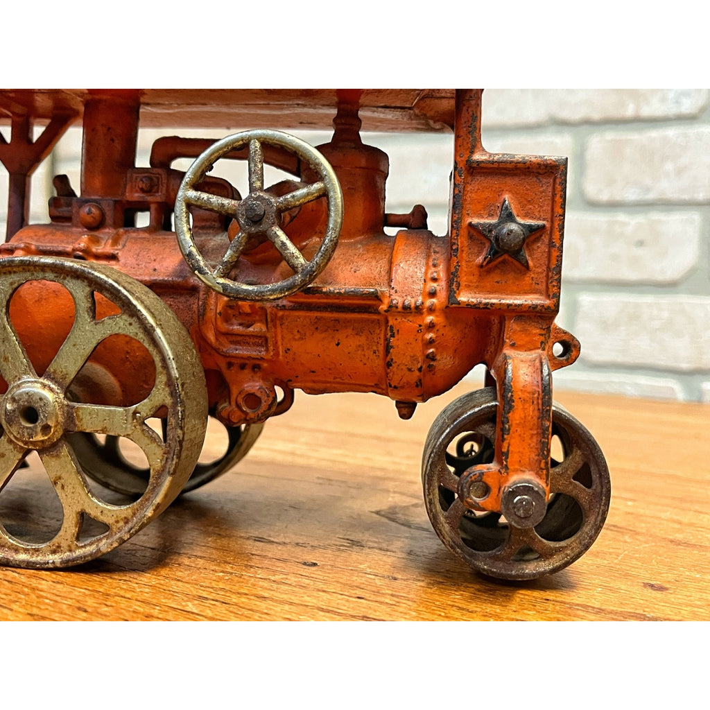 Antique 1930s Hubley Road Roller Steam Engine #735 Cast Iron Toy Orange