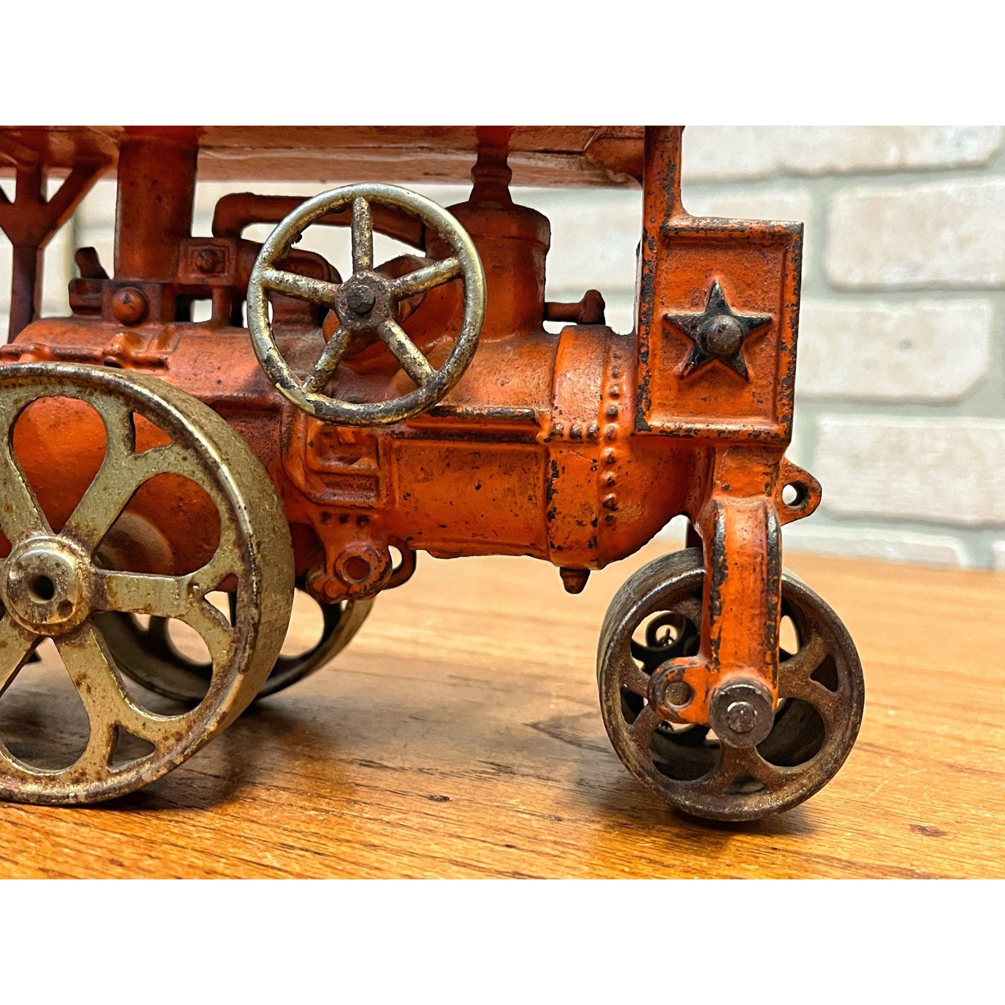 Antique 1930s Hubley Road Roller Steam Engine #735 Cast Iron Toy Orange
