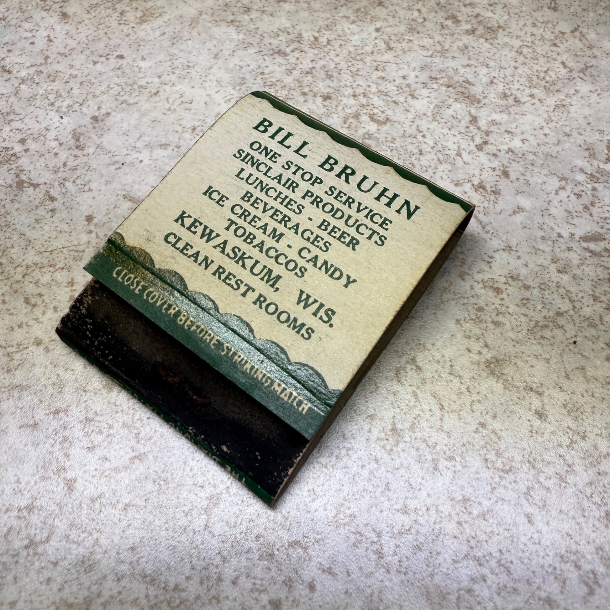 Bill Bruhn Sinclair H-C Gasolines Kewaskum Wis.  Advertising Matchbook Service Station