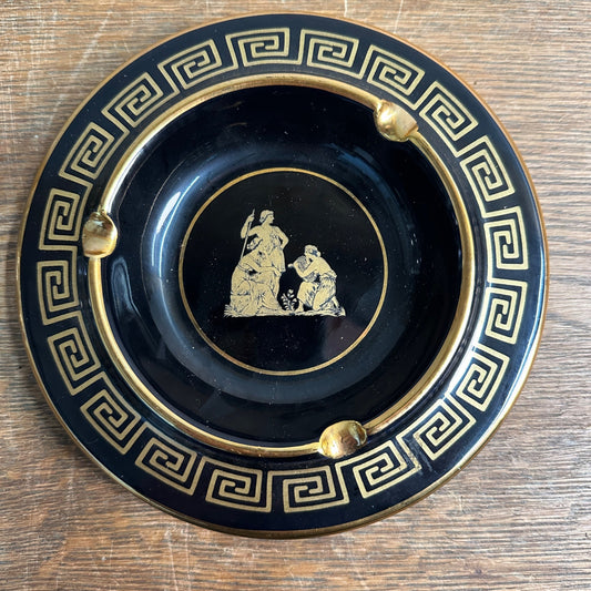 Vintage MCM SC Hand Made Black & 24K Gold Ashtray Greek Key Deco Made in Greece