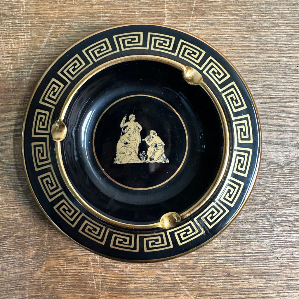 Vintage MCM SC Hand Made Black & 24K Gold Ashtray Greek Key Deco Made in Greece