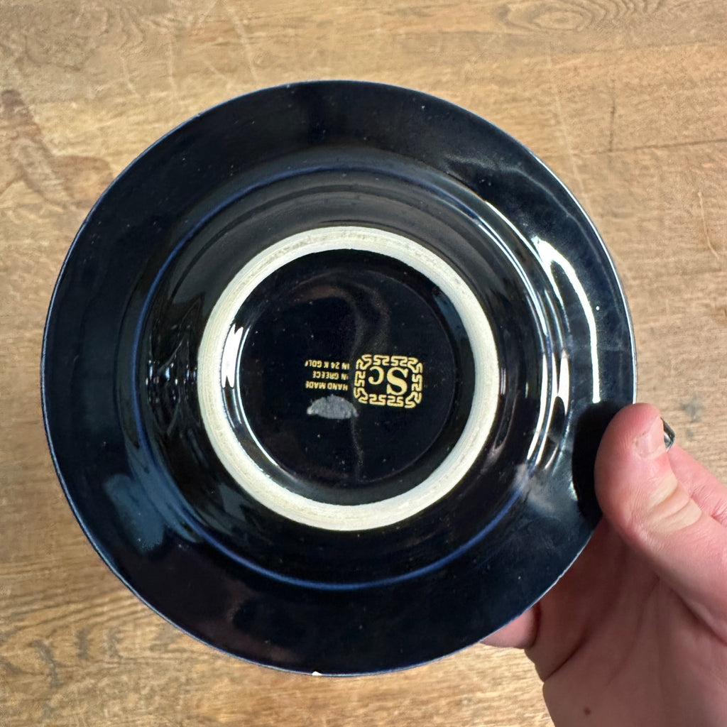 Vintage MCM SC Hand Made Black & 24K Gold Ashtray Greek Key Deco Made in Greece