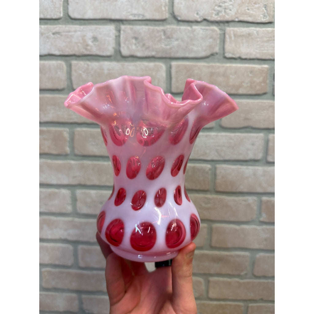 Vintage Fenton Cranberry Opalescent Coin Dot Double Crimped Vase 6"