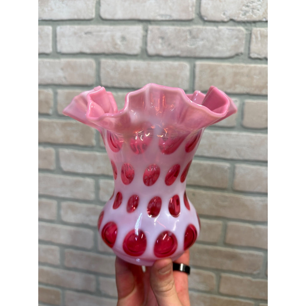 Vintage Fenton Cranberry Opalescent Coin Dot Double Crimped Vase 6"