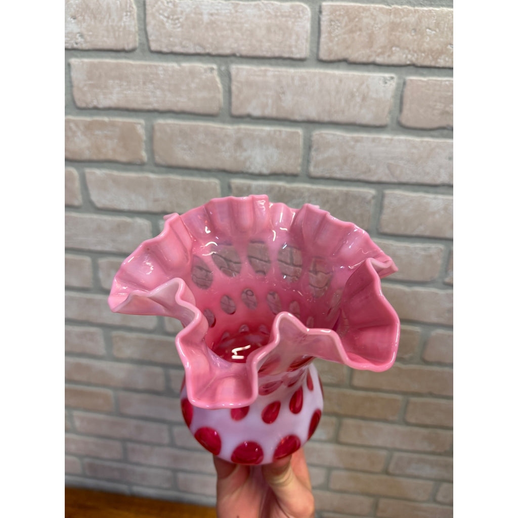 Vintage Fenton Cranberry Opalescent Coin Dot Double Crimped Vase 6"