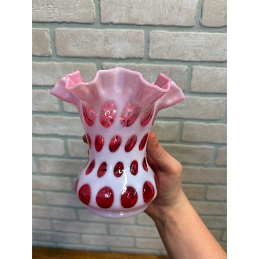 Vintage Fenton Cranberry Opalescent Coin Dot Double Crimped Vase 6"