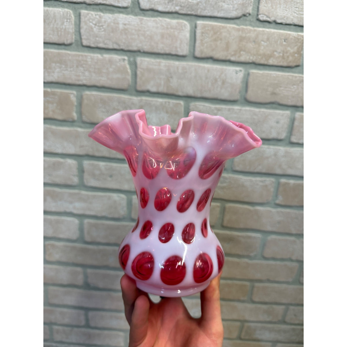 Vintage Fenton Cranberry Opalescent Coin Dot Double Crimped Vase 6"