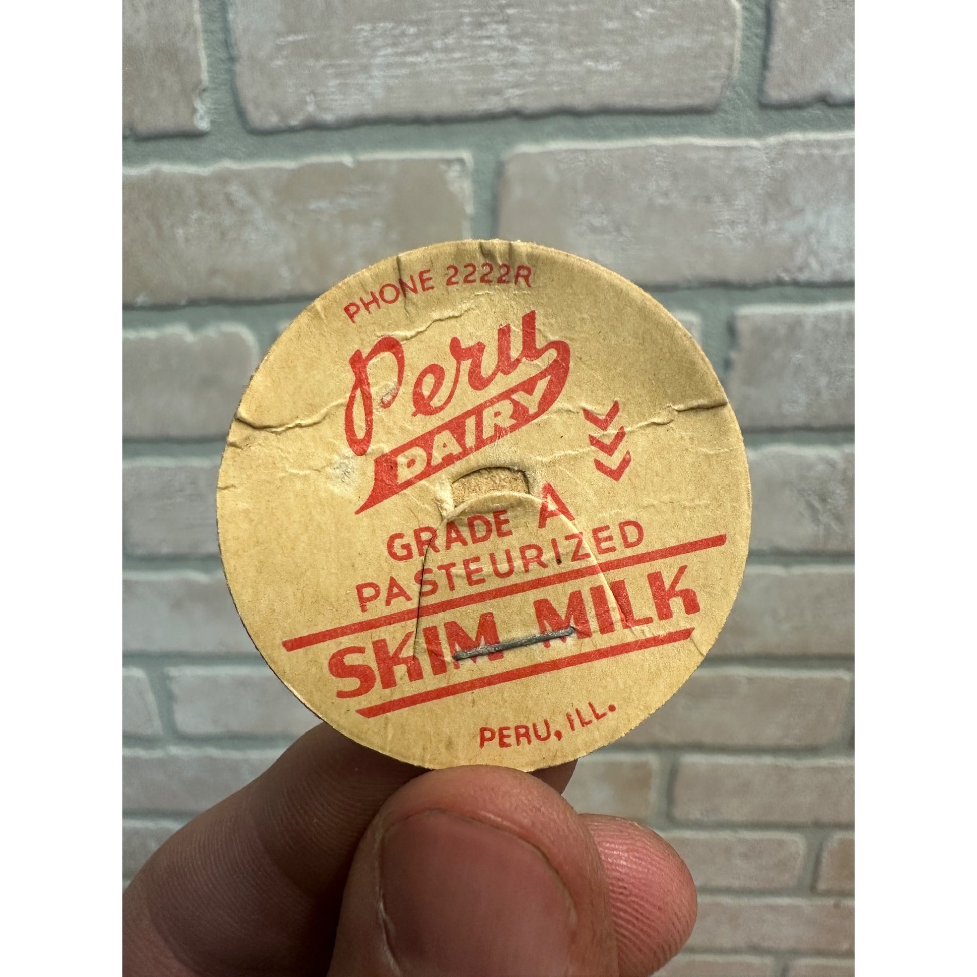 Vintage Peru Dairy Milk Bottle Cap Cover Skim Milk Ill. IL Illinois