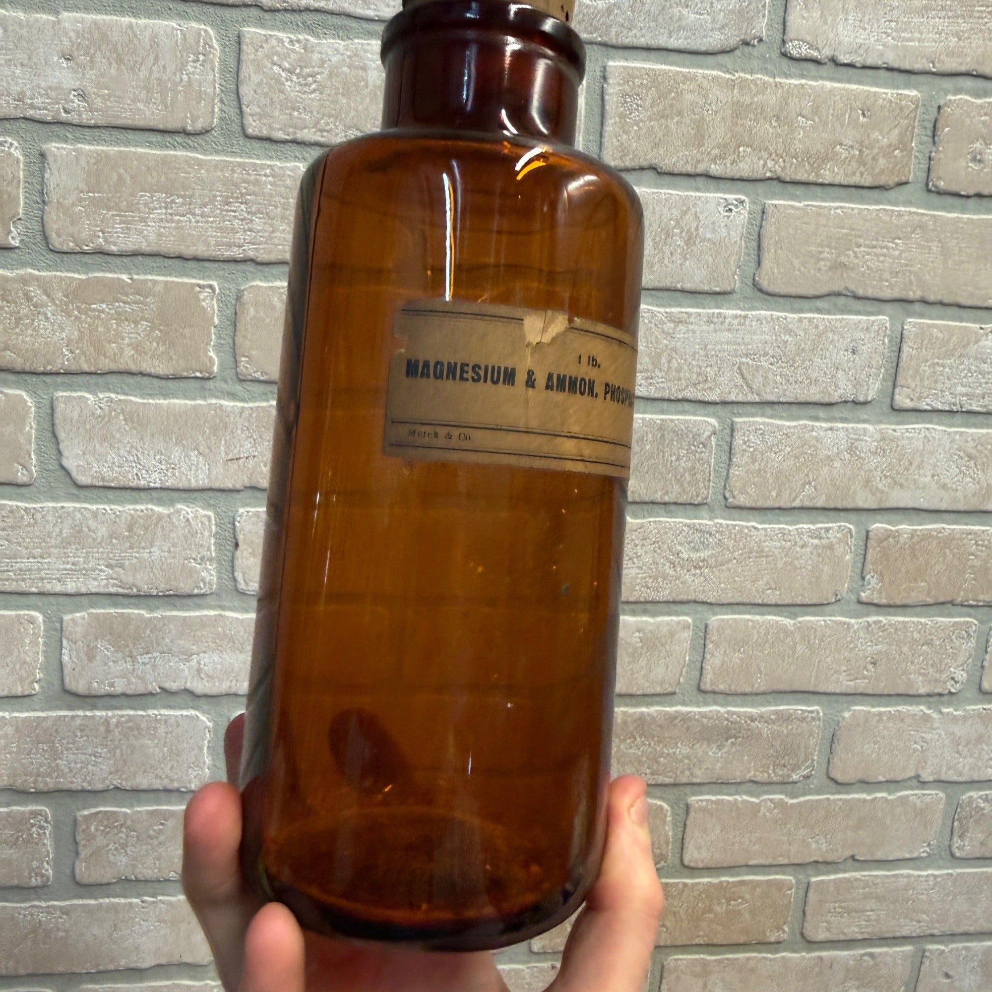 Antique Merck Apothecary Pharmacy Amber Bottle 9.5" x 3.75" Orig Label