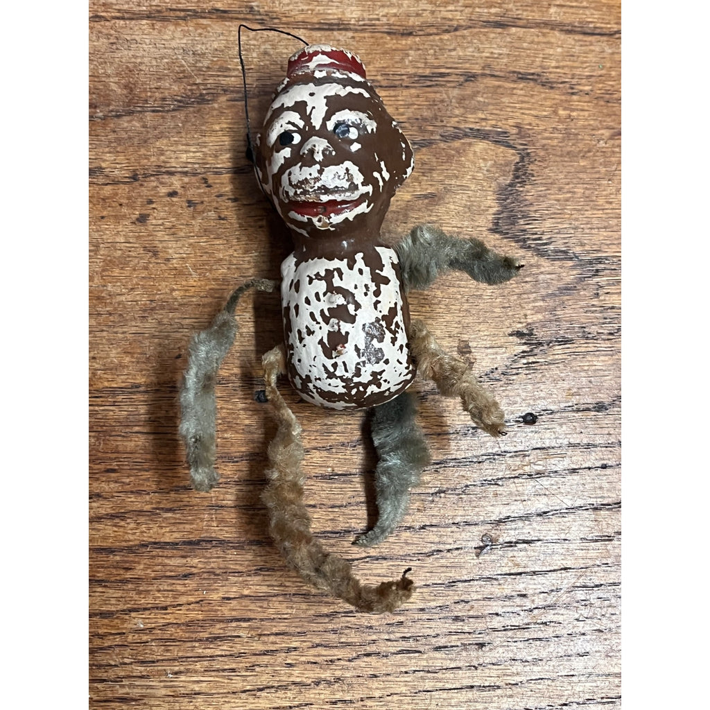Vintage Bellhop Monkey Chenille & Composition Body Christmas Ornament As-Is 4"