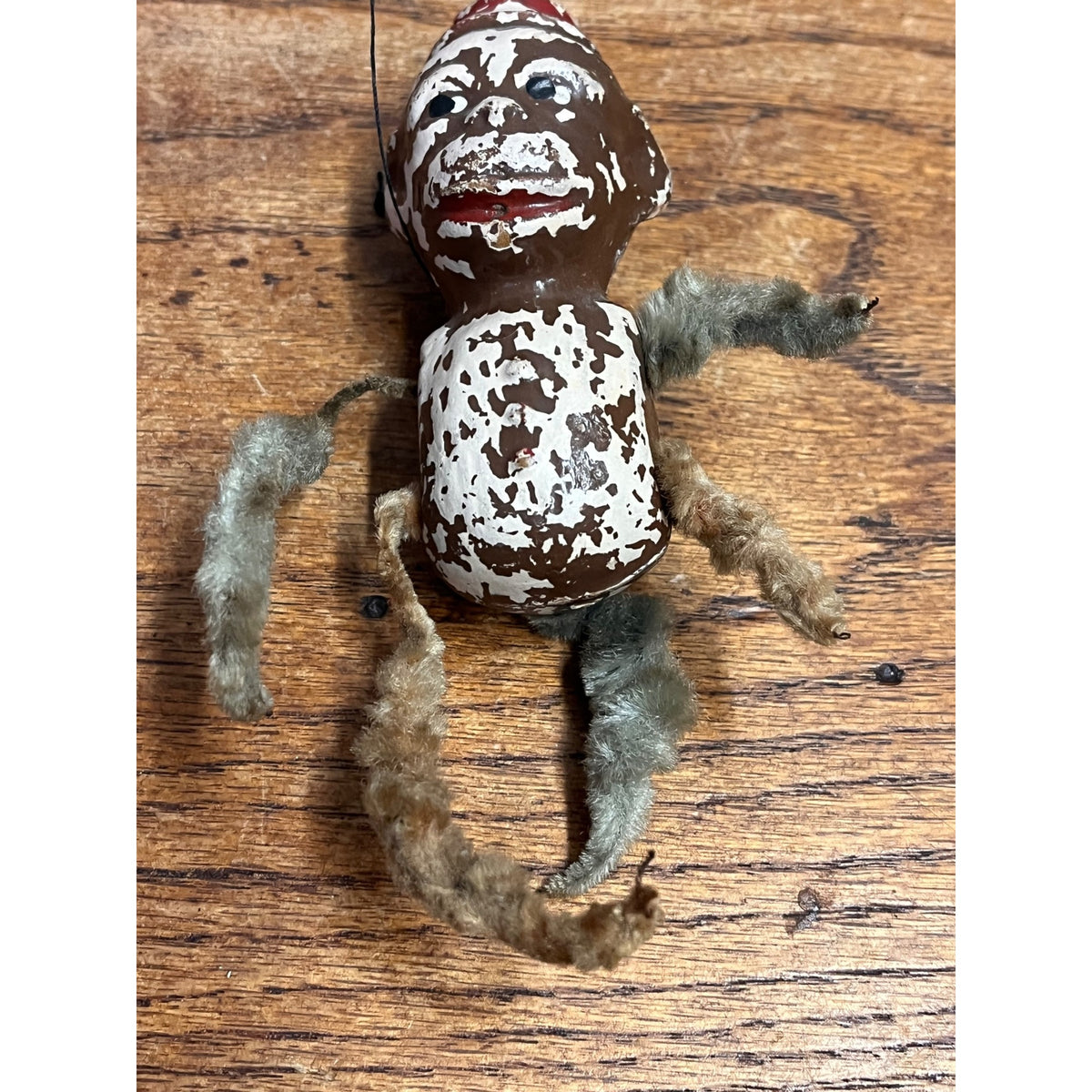 Vintage Bellhop Monkey Chenille & Composition Body Christmas Ornament As-Is 4"