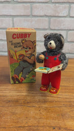 VINTAGE 1960s CUBBY THE READING BEAR MECHANICAL WIND-UP TIN LITHO TOY JAPAN