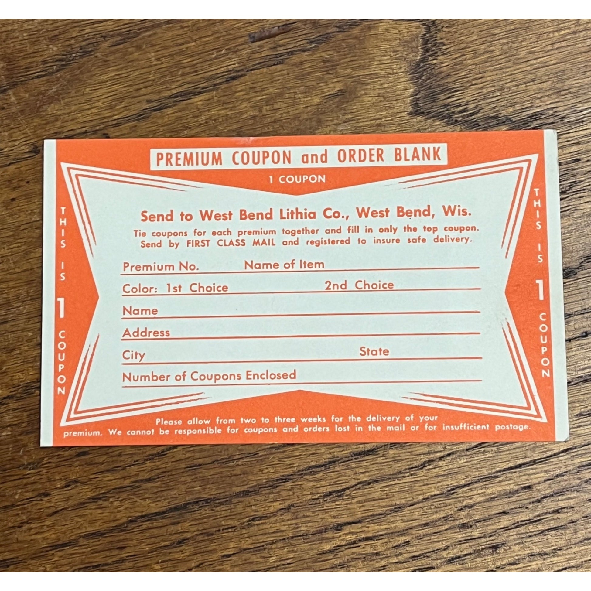 Vintage 1940s West Bend Lithia Beer Coupon Card Advertising Promo Wis - Orange