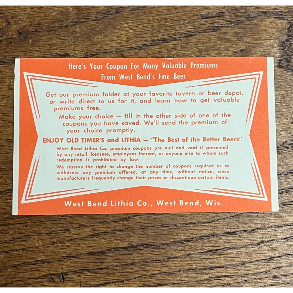 Vintage 1940s West Bend Lithia Beer Coupon Card Advertising Promo Wis - Orange