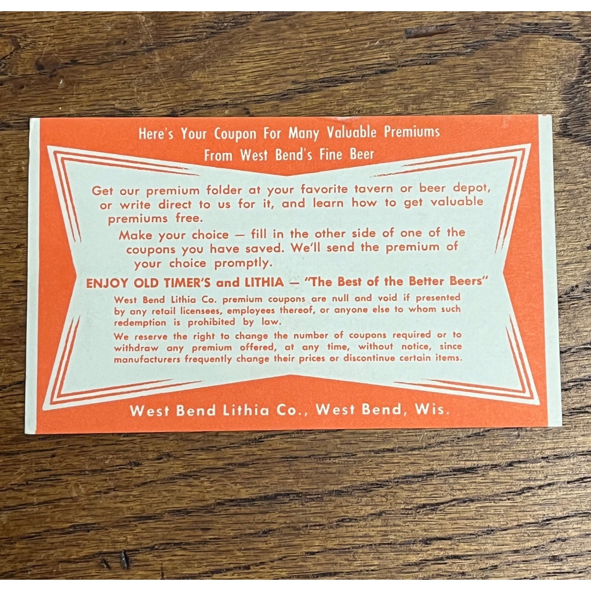 Vintage 1940s West Bend Lithia Beer Coupon Card Advertising Promo Wis - Orange