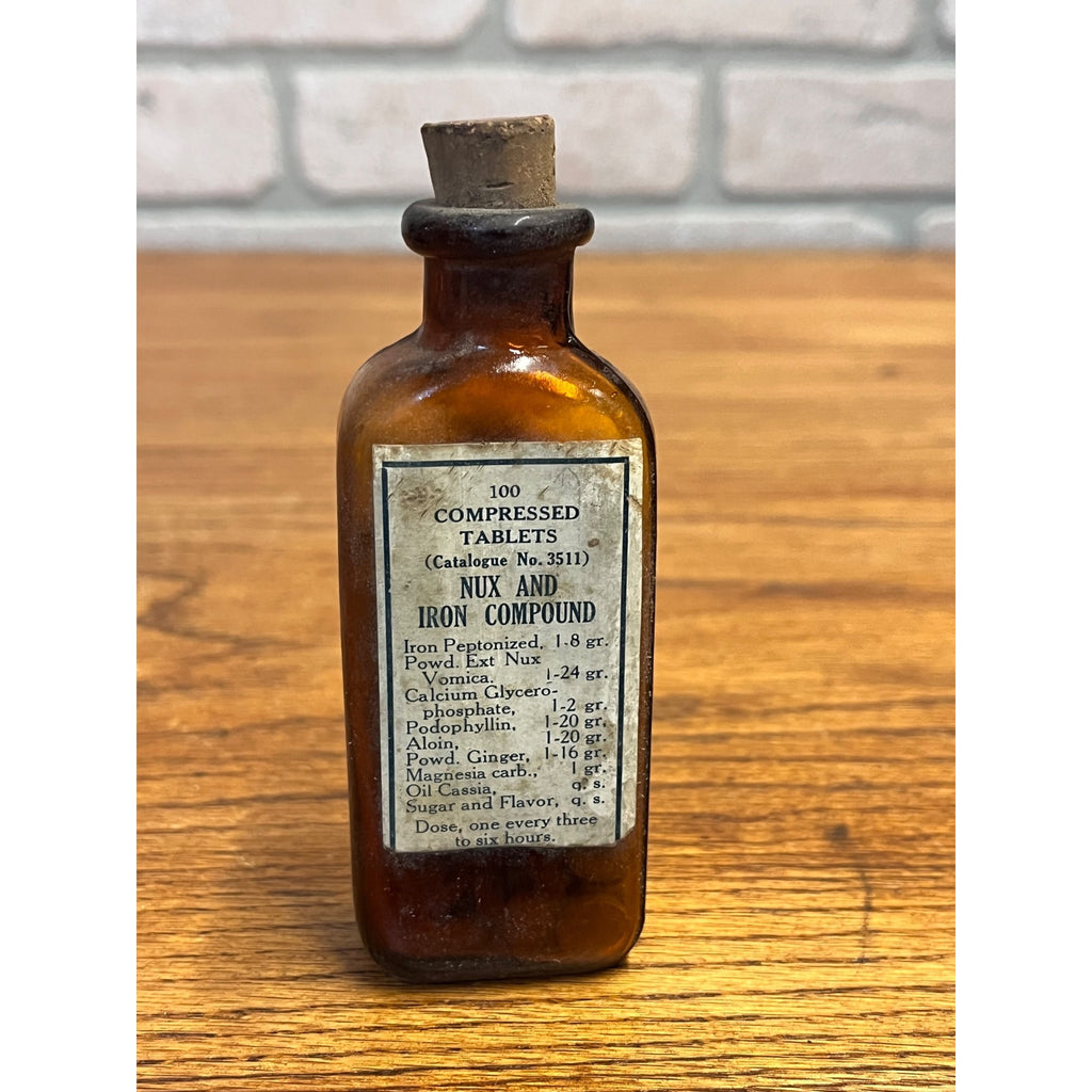 Antique Nux & Iron Compound Tablets Amber Drug Store Bottle w Contents Cork Label
