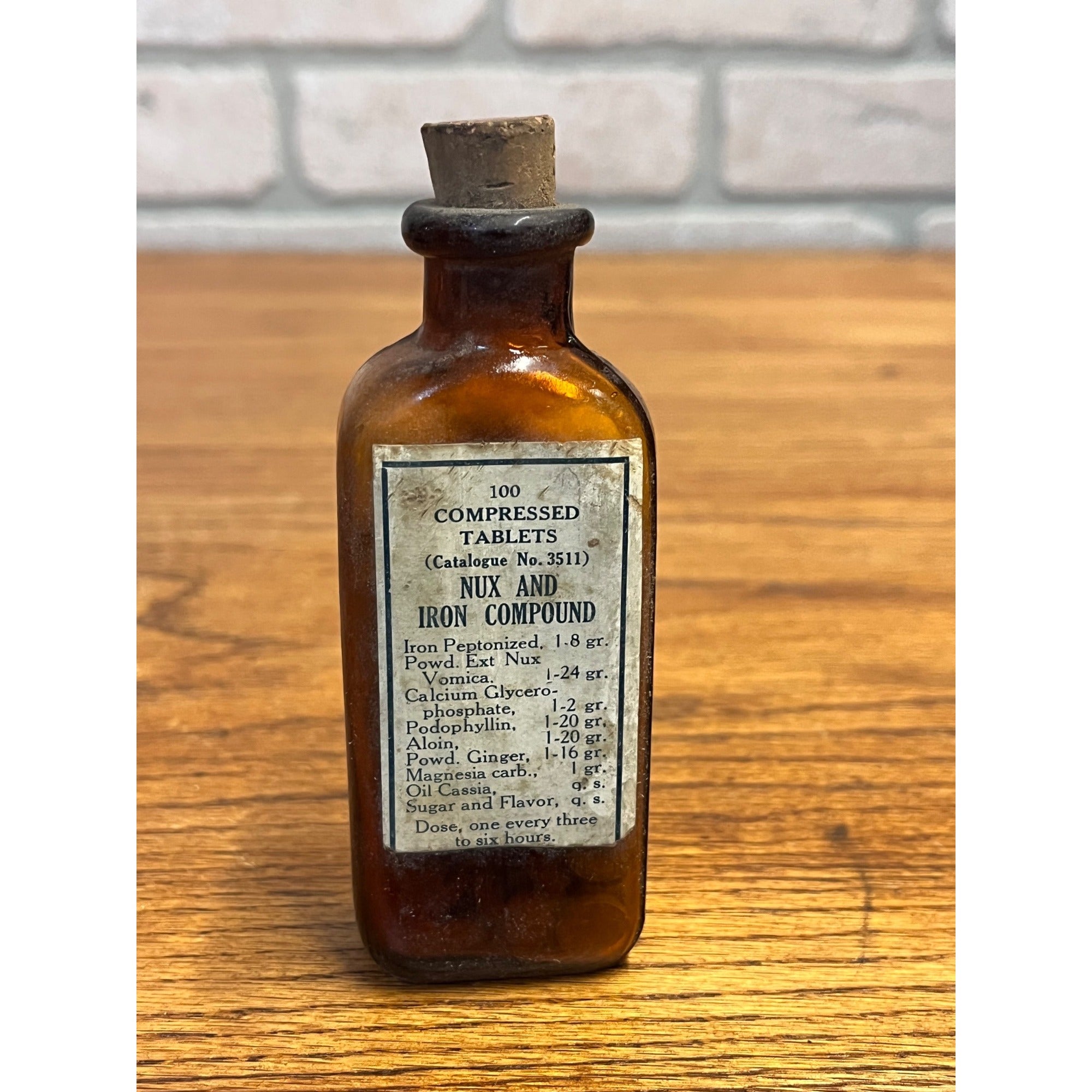 Antique Nux & Iron Compound Tablets Amber Drug Store Bottle w Contents Cork Label