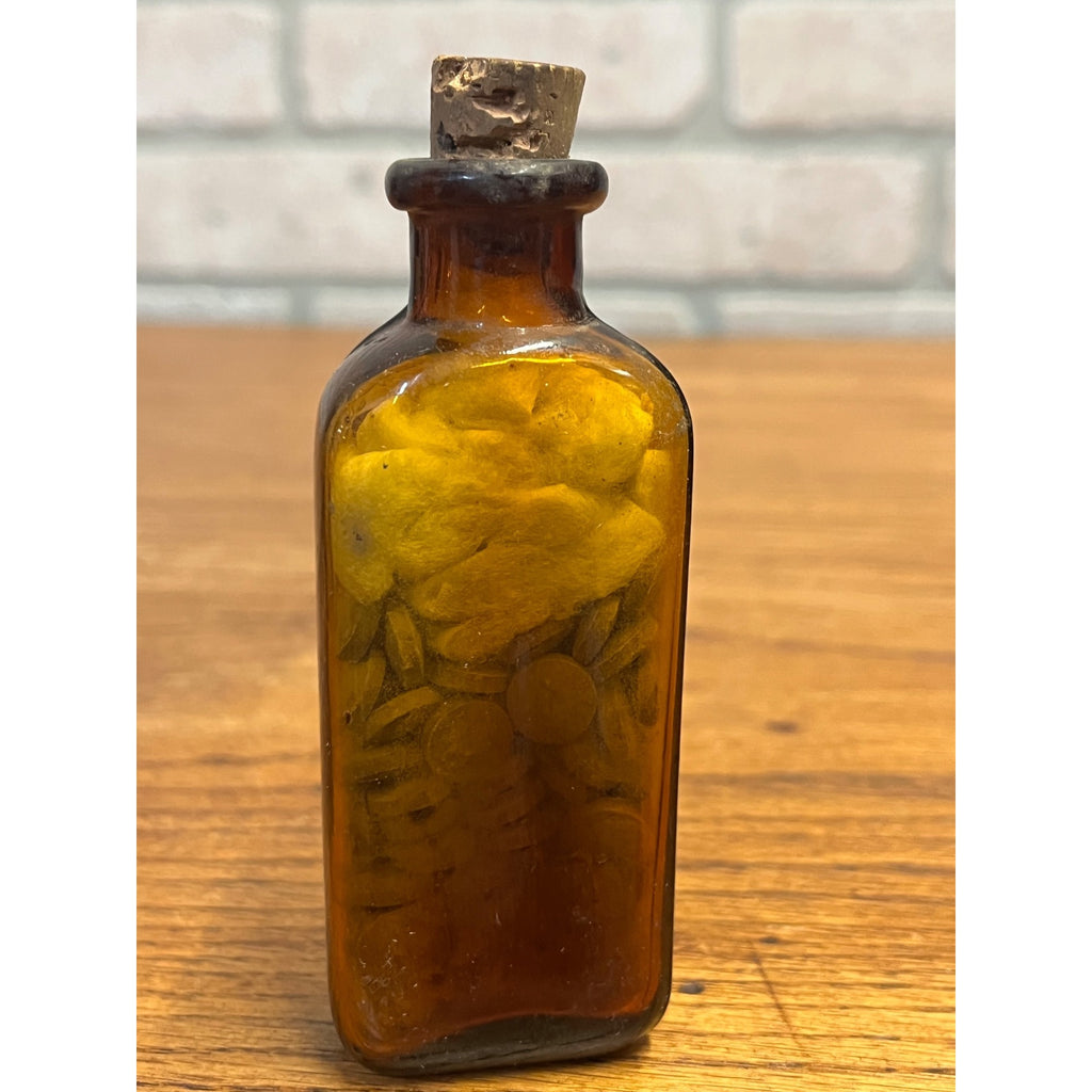 Antique Nux & Iron Compound Tablets Amber Drug Store Bottle w Contents Cork Label