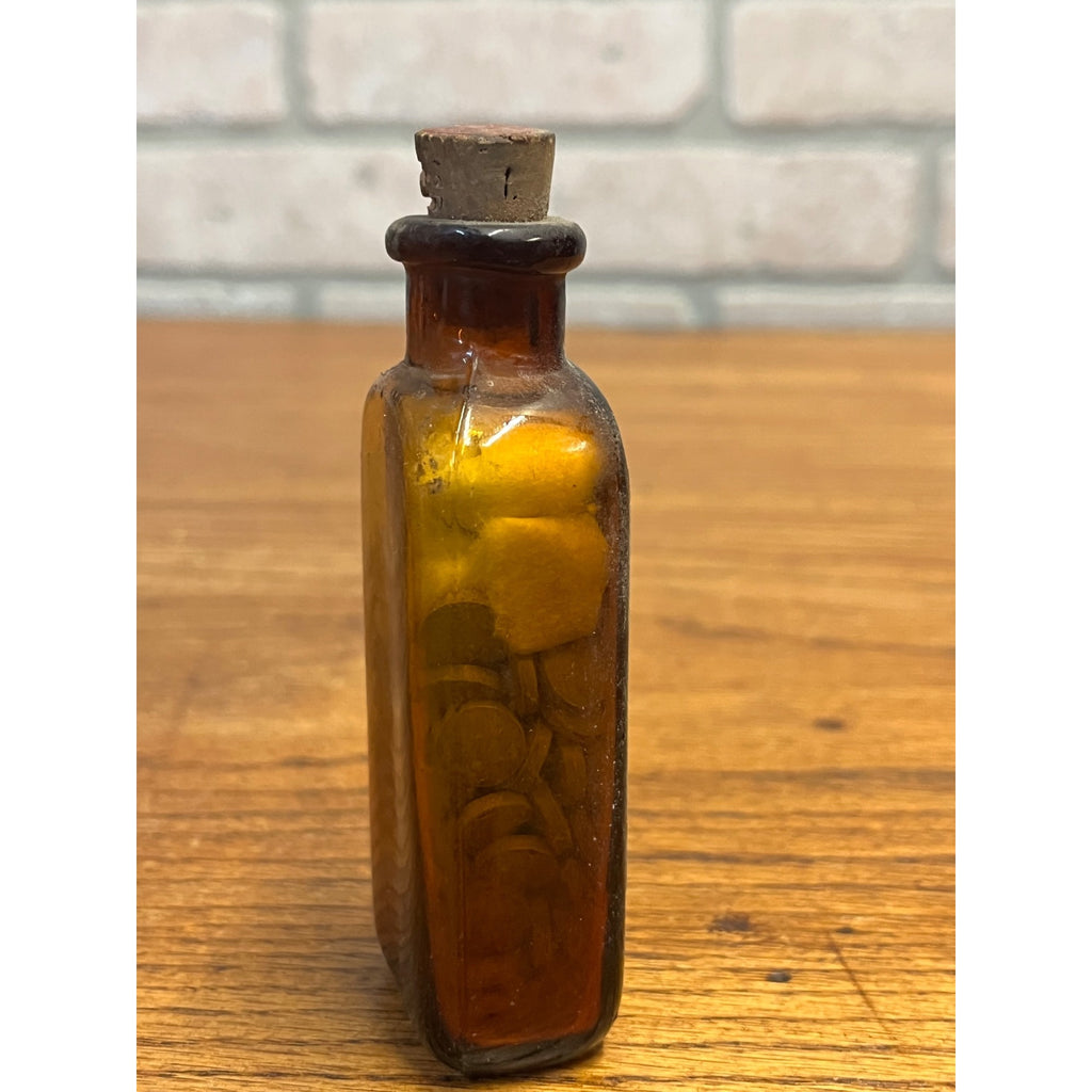 Antique Nux & Iron Compound Tablets Amber Drug Store Bottle w Contents Cork Label