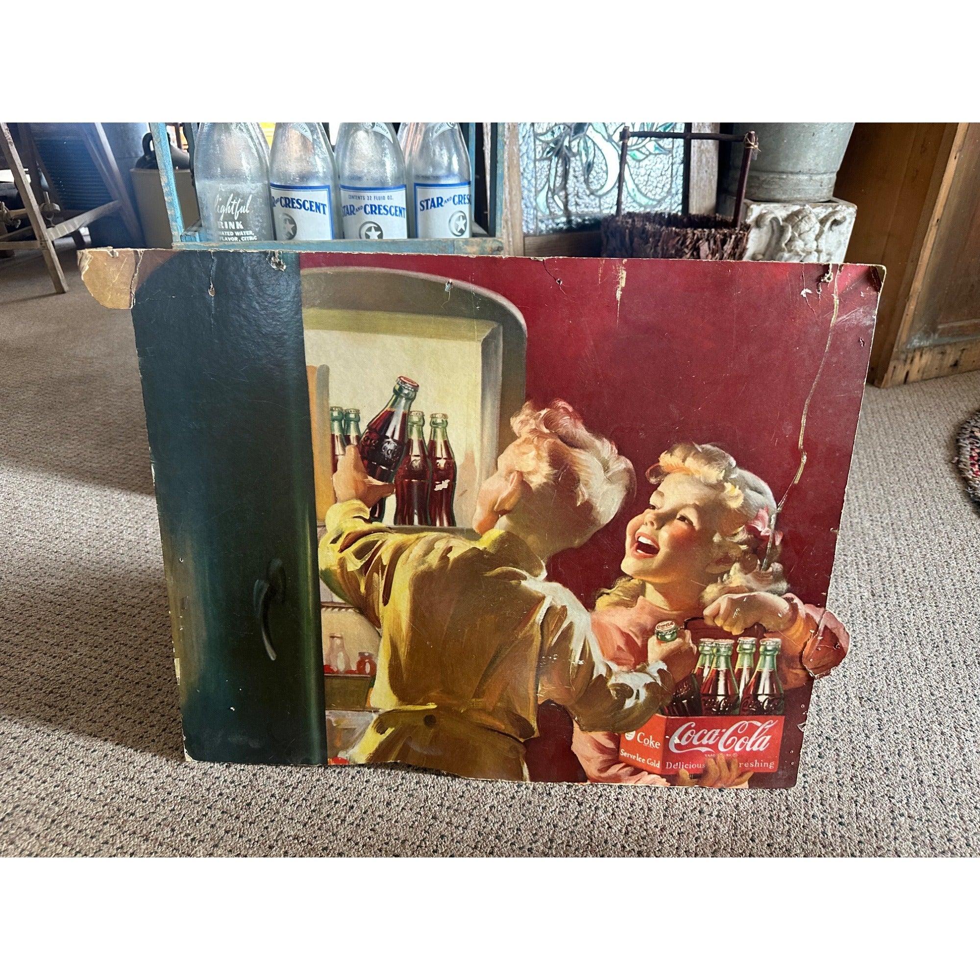Original Coca Cola 1950 Advertising Cardboard Litho Sign Easel Back Kids & Fridge