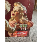 Original Coca Cola 1950 Advertising Cardboard Litho Sign Easel Back Kids & Fridge