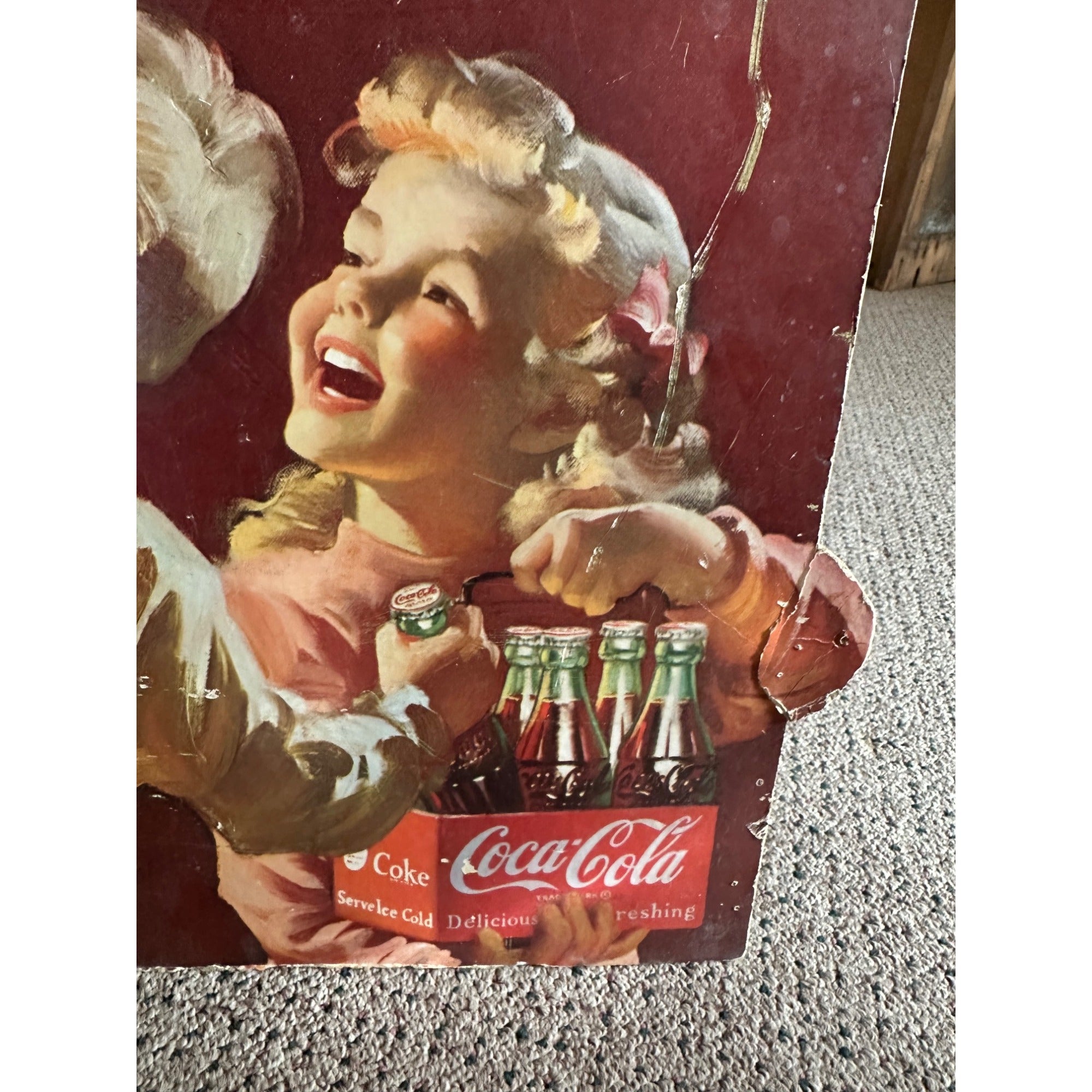 Original Coca Cola 1950 Advertising Cardboard Litho Sign Easel Back Kids & Fridge