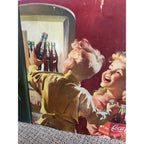 Original Coca Cola 1950 Advertising Cardboard Litho Sign Easel Back Kids & Fridge