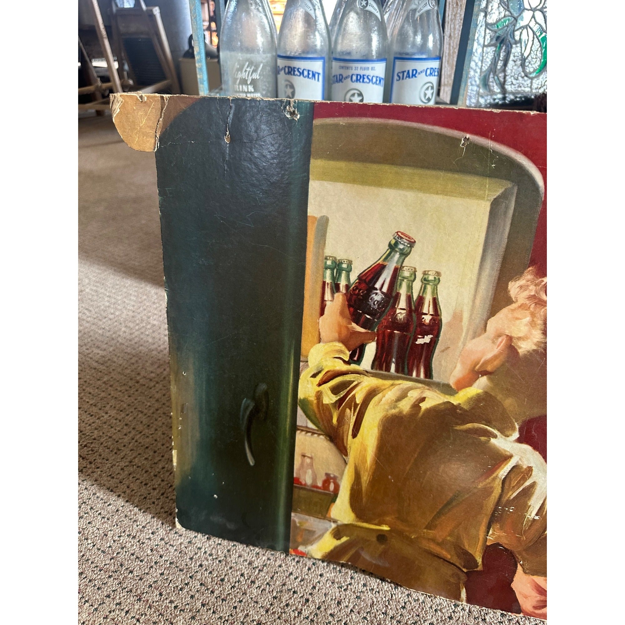 Original Coca Cola 1950 Advertising Cardboard Litho Sign Easel Back Kids & Fridge