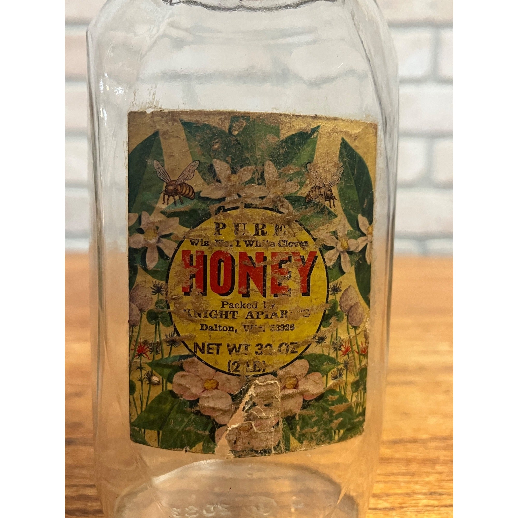 Vintage Glass Bottle Pure Wis. No. 1 White Clover Honey By Knight Apiaries of Dalton, WI 32 OZ Size