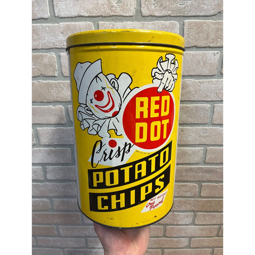 Vintage Original Red Dot Potato Chip 1 Lb. Can Tin Yellow Clown 11" Advertising