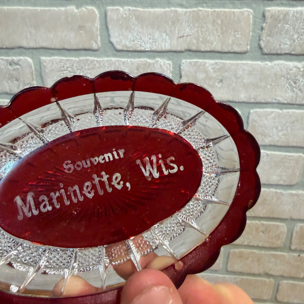 Antique Ruby Red Glass Souvenir Trinket Tray Dish Marinette Wis EAPG5" x 3.25"