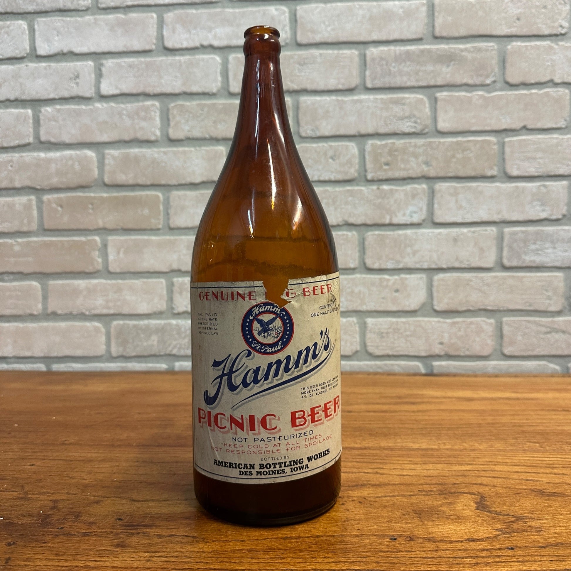 1/2 Gallon IRTP Hamm's Beer Paper Label Picnic Beer Bottle Des Moines Iowa