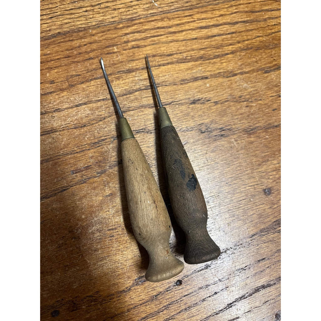 Antique Vintage Lot (2) Stitching Awl Hand Tools Wood Handles