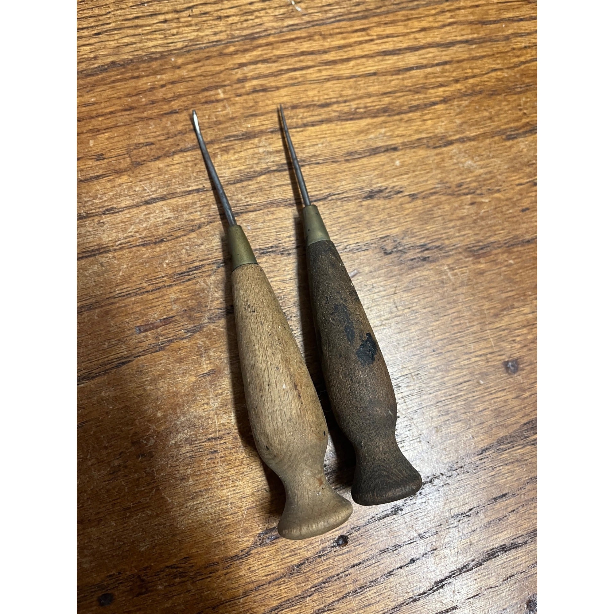 Antique Vintage Lot (2) Stitching Awl Hand Tools Wood Handles