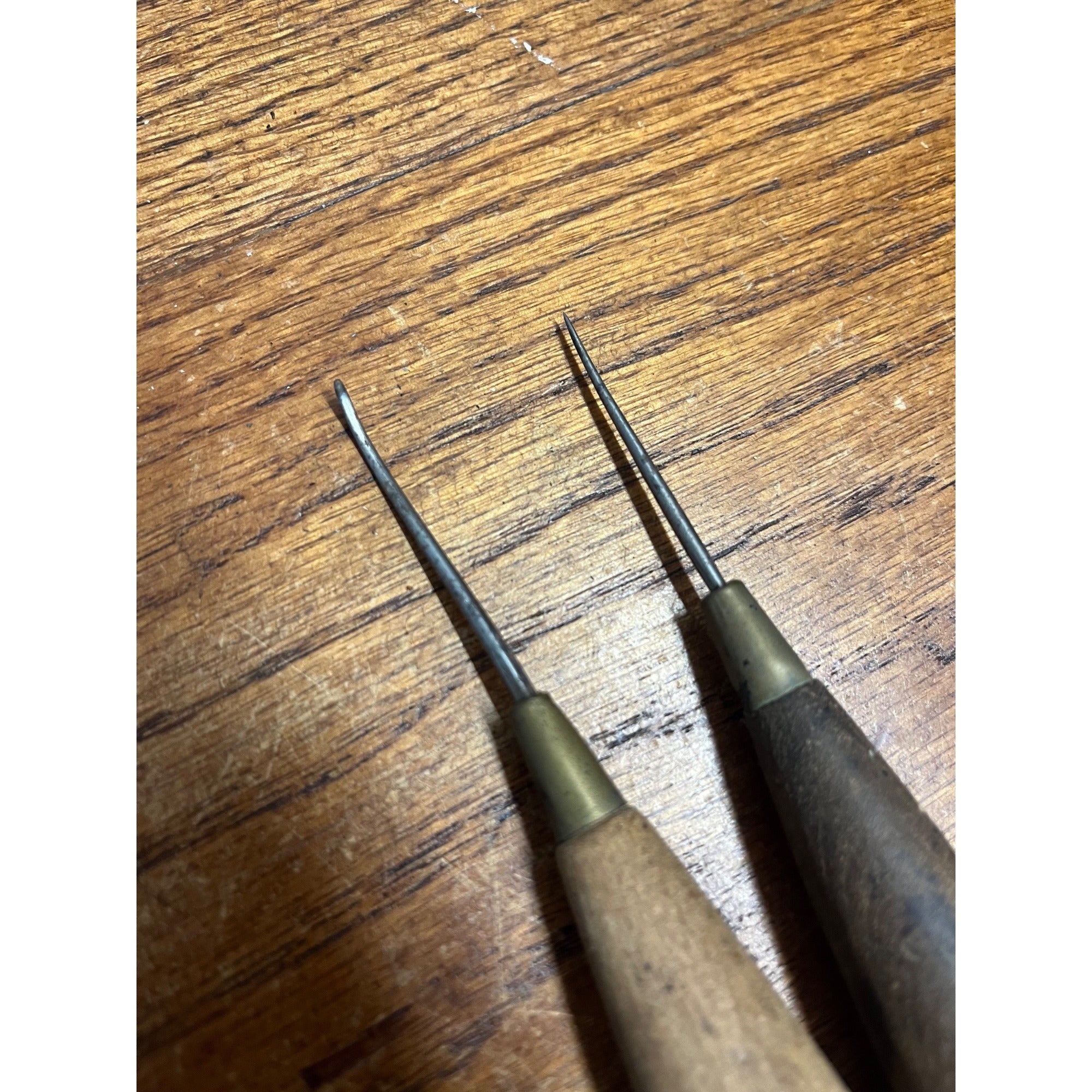 Antique Vintage Lot (2) Stitching Awl Hand Tools Wood Handles