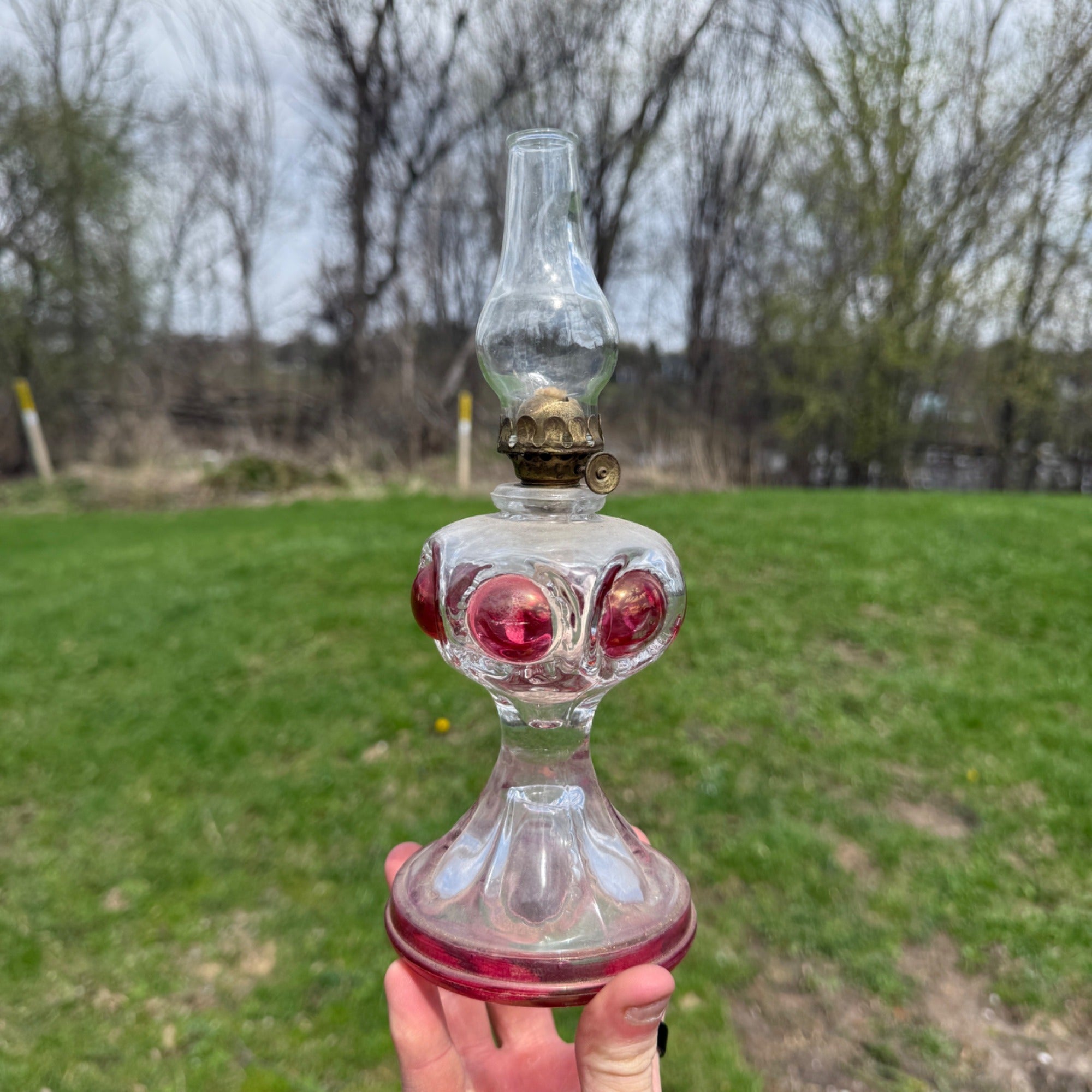 Vintage Kings Crown Thumbprint Ruby Red Flash Bullseye Miniature Oil Lamp 6"