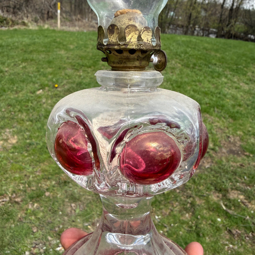 Vintage Kings Crown Thumbprint Ruby Red Flash Bullseye Miniature Oil Lamp 6"