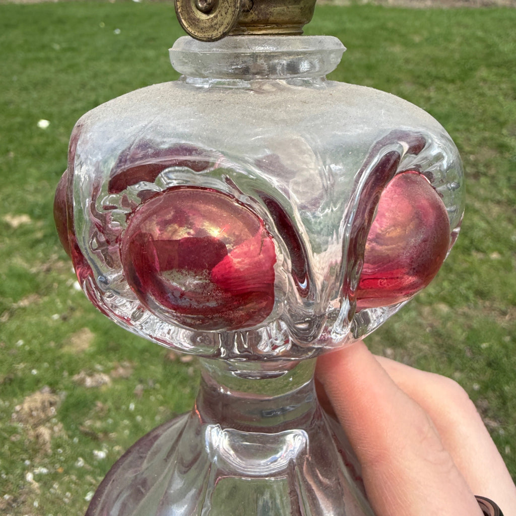 Vintage Kings Crown Thumbprint Ruby Red Flash Bullseye Miniature Oil Lamp 6"
